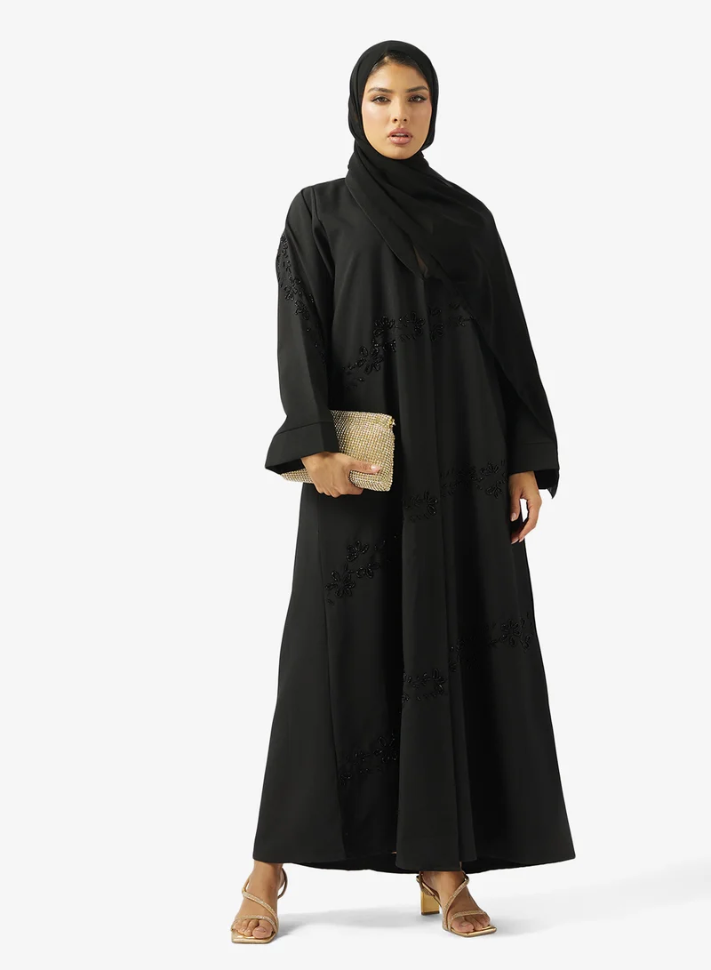 Embroidered And Embellished Open Front Wide Lapel Collar Abaya